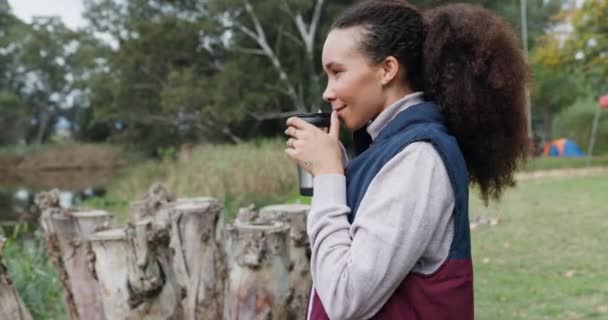 Campingul Natură Ceașca Cafea Starea Bine Femeii Fericite Băuturile Calde — Videoclip de stoc