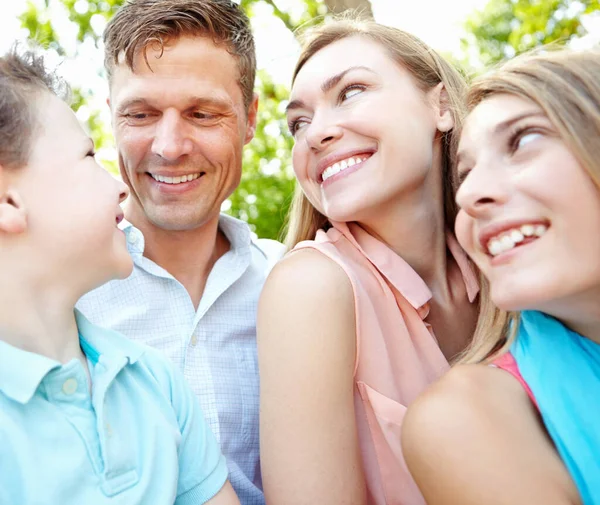 Perheiltapäivä Puistossa Onnellinen Perhe Hymyilee Ulkona — kuvapankkivalokuva