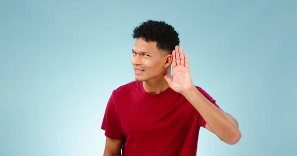 Portrét Sluch Gesto Ruky Pro Odposlech Mužem Který Naslouchá Studiu — Stock fotografie