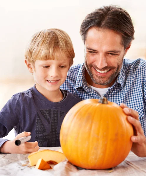 Looks Really Great Father Son Marking Pumpkin Home Halloween — Stock Photo, Image