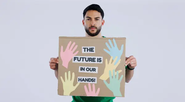 Man, future and environmental earth poster for social justice or human rights, studio or white background. Male person, portrait and climate change or planet help, pollution protest on cardboard sign.