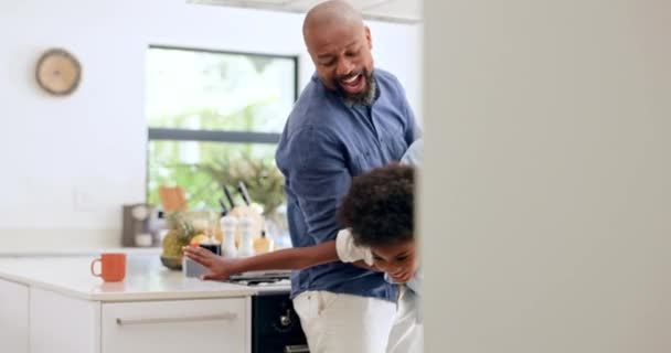 Black Family Flying Girl Arms Her Father Love Kitchen Home — Stock Video