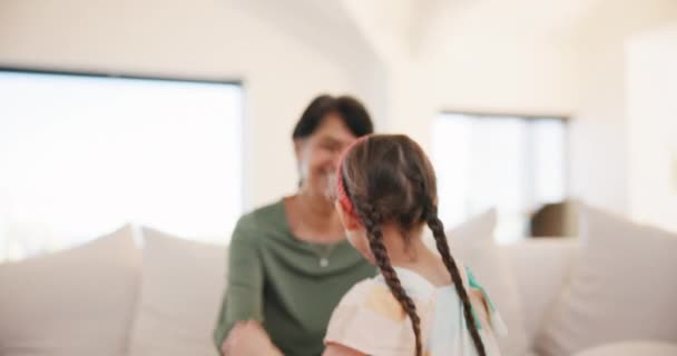 Grandparent Running Hug Smile Child Embrace Love Grandchild Home Woman — Stock Video
