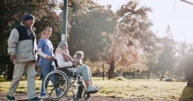 Hemşire, yaşlı kadın ve tekerlekli sandalye parkta erkek, köpek ya da sabah güneşinde sohbet ederek yürüyorlar. Bakıcı, engelli ve evcil hayvanı, hayvan ya da köpek yavrusu olan çift ve yaşlılar.