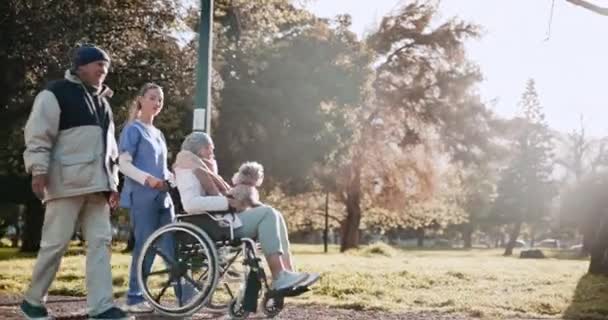 看護師 シニア女性 車椅子 男性と一緒に駐車したり 朝の日差しで会話をしたりします 介護者 カップル 高齢者 障害者 ペット — ストック動画