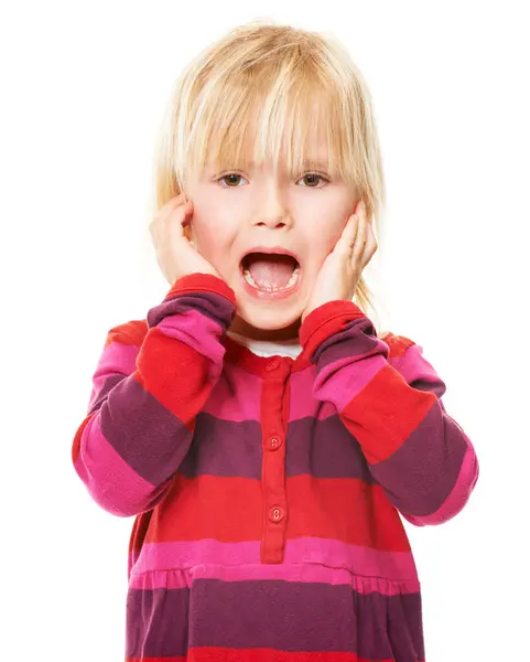 Przerażony Dziecko Portret Dziewczyny Zaskoczeniem Strachem Lub Wstrząśniętym Emoji Białym — Zdjęcie stockowe