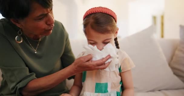 Home Girl Sneeze Grandma Tissue Allergy Virus Bacteria Illness Fever — Stock Video