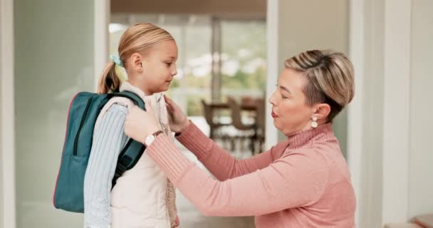 Mom Kid Backpack Hugging School Getting Ready Front Door Morning — Stock Video
