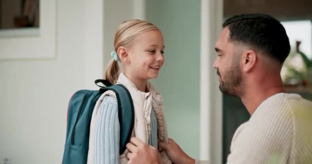Father Kid Backpack School Laughing Home Getting Ready Front Door — Stock Video