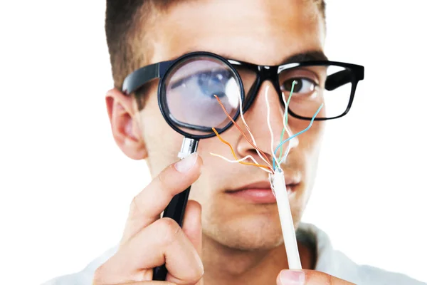 Electrician Cables Portrait Man Test Analysis Check Magnifying Glass White — Stock Photo, Image