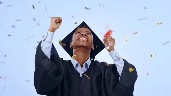 Graduation Woman Student Confetti Celebration Success Achievement College University Studio — Stock Photo, Image