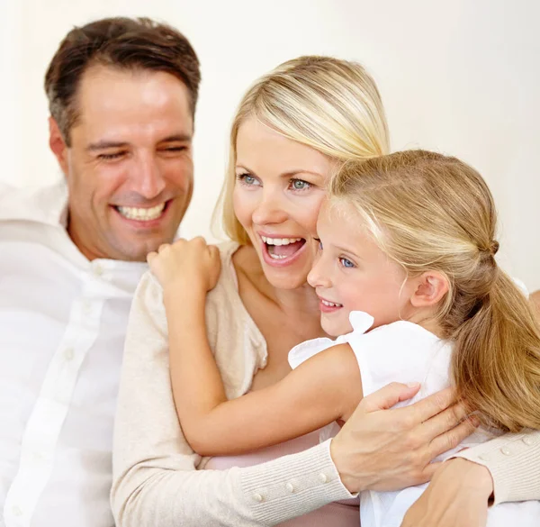 Adore Each Other Two Delighted Parents Spending Time Adorable Daughter — Stock Photo, Image