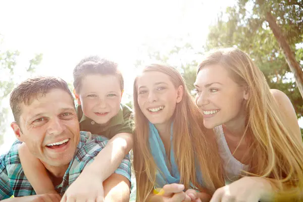Enjoying Day Park Happy Young Family Lying Ground Together Park — Stock Photo, Image