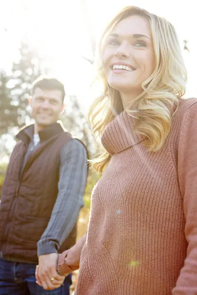 Follow Love Affectionate Romantic Young Couple Spending Time Together Woods — Stock Photo, Image