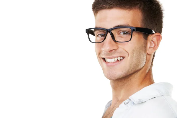 Närbild Porträtt Och Glad Man Med Glasögon Studio Mockup Och — Stockfoto