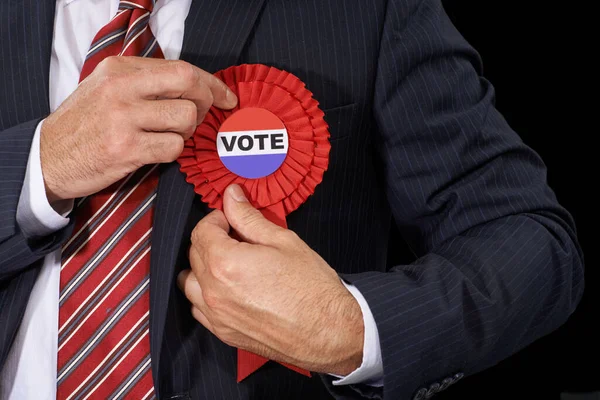 Man Vote Suit Election Ribbon Politician Support Dark Studio Background — Stock Photo, Image