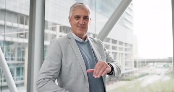 Senior Forretningsmand Ceo Ansigt Med Smil Motivation Eller Korridor Finansielle – Stock-video