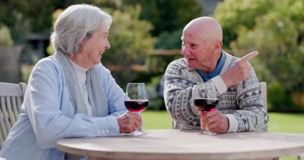 Старшая Пара Вино Глядя Сад Счастливым Браком Любовью Заботой Пенсии — стоковое видео
