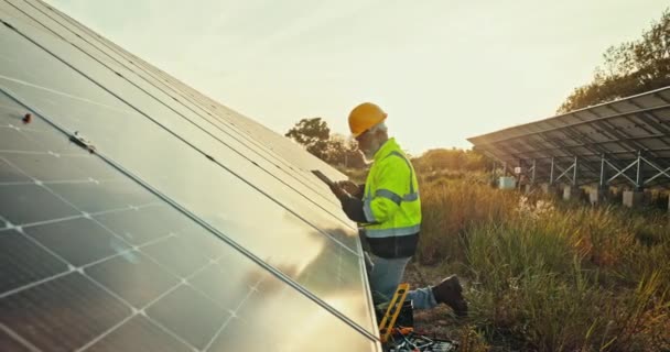 Mann Auf Solarpaneelfarm Zur Inspektion Zur Wartung Erneuerbarer Energien Und — Stockvideo