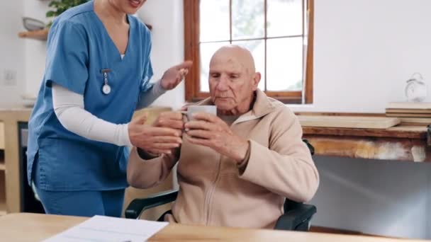 Mujer Enfermera Café Ancianos Cuidan Servicio Confianza Apoyo Vejez Residencia — Vídeos de Stock