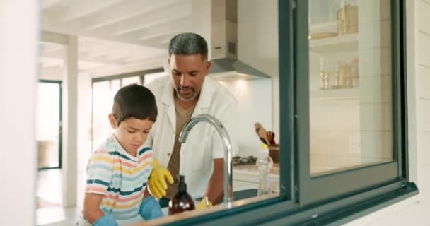 Père Heureux Haute Cinq Enfant Lavant Vaisselle Dans Cuisine Avec — Video