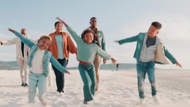 Strand Laufen Und Kinder Spielen Mit Eltern Oma Und Opa — Stockvideo