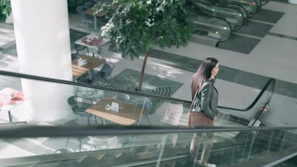 エスカレーター 出勤のためのビジネス女性 現代の職場でのキャリア 旅のための企業労働者 プロの空港および女性 — ストック動画