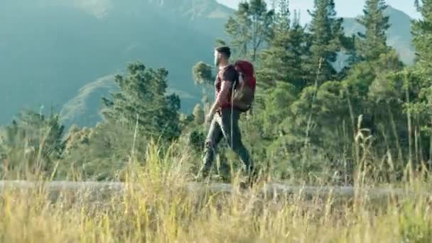 自然の中でウォーキング ハイキング または男性は 休暇や冒険でキャンプのために屋外を探索します 旅行者 水またはハイカーのバックパック機器が付いているバックパックまたは山による旅 — ストック動画