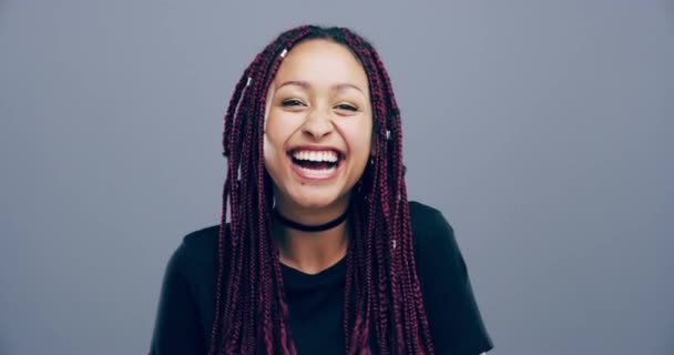 Thumbs Face Smile Woman Studio Winner Achievement Celebrate Success Grey — Stock Video