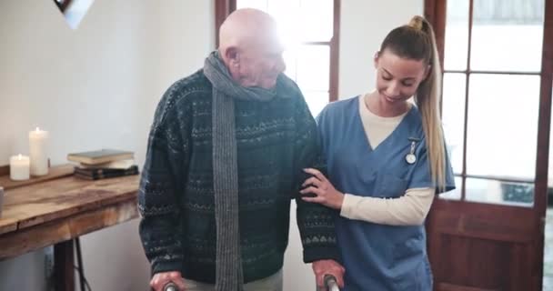 Nurse Elderly Man Walking Frame Home Support Healthcare Service Helping — Stock Video