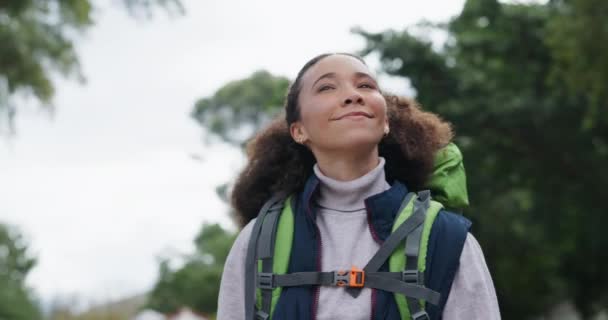 スンキング ハイカー ハッピーな女性キャンプ ハイキング または休暇や田舎での週末休暇で歩く リラックス キャンピングカー アウトドアでのトレッキング 自然公園への感謝 — ストック動画