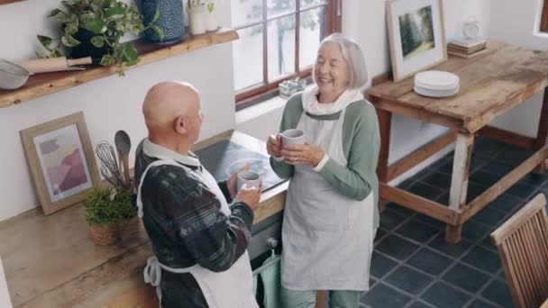 コミュニケーション 話し合い 絆を結ぶためのキッチンでのコーヒー シニアカップル 自宅でカプチーノを飲む引退後の老人と女性のハッピーでディスカッションとトップビュー — ストック動画