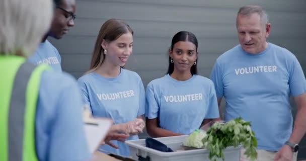 Vrijwilligersgroep Voedseldonatie Mensen Tellen Kruideniersproducten Voorraden Groenten Voor Goede Doelen — Stockvideo
