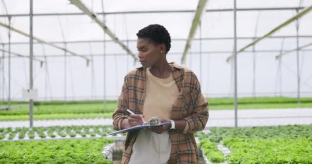 クリップボード 品質保証のための温室内の植物のチェック 女性起業家 食品イノベーションのためのスタートアップ 将来の成長のための持続可能な開発 — ストック動画