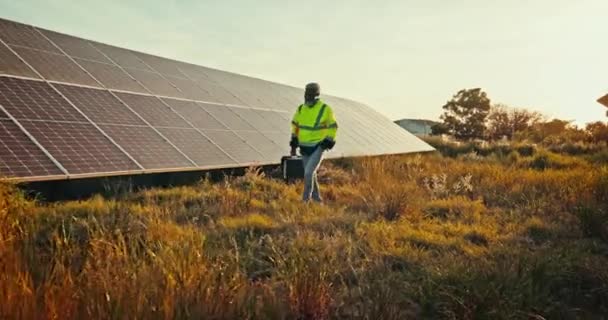 Технік Який Ходить Фермі Сонячних Панелей Перевірки Чистої Енергії Зовнішнього — стокове відео