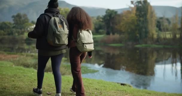 Femmes Câlins Promenades Bord Lac Naturel Pour Voyage Camping Voyage — Video