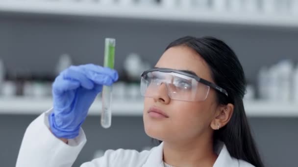 Medical Research Serious Female Scientist Analyzing Liquid Biochemical Test Tube — Stock Video