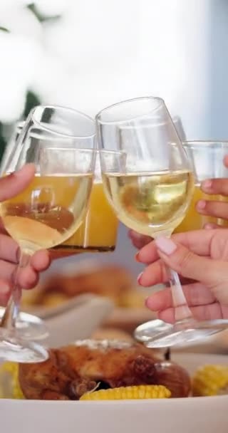葡萄酒 欢呼声和人们的食物 庆祝和亲密与成就 假日和眼镜 男人和女人 果汁和葡萄酒 手和社交聚会 早午餐 — 图库视频影像