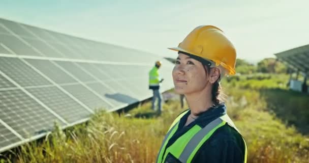 Жінка Фермі Сонячної Панелі Чистої Енергії Обслуговування Зовнішньої Електромережі Посмішки — стокове відео