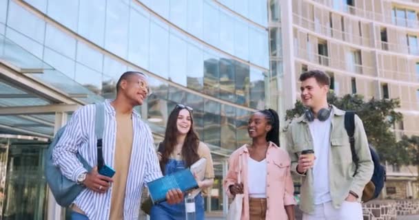 Estudantes Amigos Agrupam Caminham Faculdade Com Diversidade Conversa Engraçada Bate — Vídeo de Stock