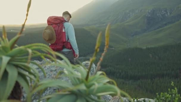 以及一个人独自在野外的荒野里为自由或冒险而在山上远足 在森林的山顶上与男性徒步旅行者或游客一起去探险 — 图库视频影像
