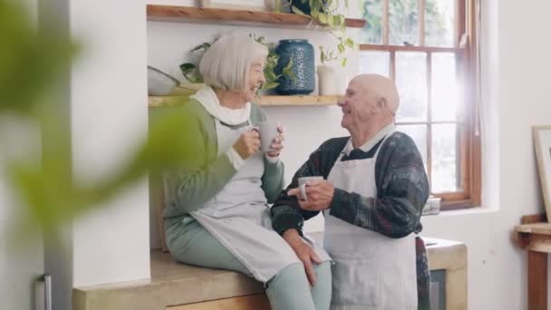 Kawa Rozmowa Para Seniorów Kuchni Komunikacji Konwersacji Nawiązywania Więzi Szczęśliwy — Wideo stockowe
