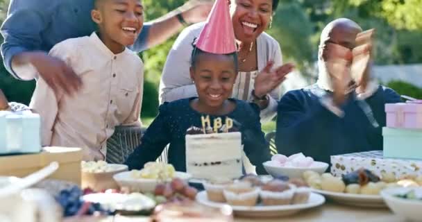 ハッピーバースデー アウトドアのお祝い パーティー ケーキ キャンドルで公園で拍手 ブラックファミリー 幸せと娘のためのサポート 応援やイベントまたは一緒に 庭や食べ物や愛 — ストック動画