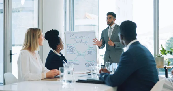 Business people presentation, whiteboard and man consulting, advertising pitch and explain strategy, plan or ideas. Speaker, project management and board of director, group or team listen to proposal.