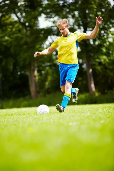 Sports Man Soccer Player Kicking Ball Field Training Game Match — Stock Photo, Image