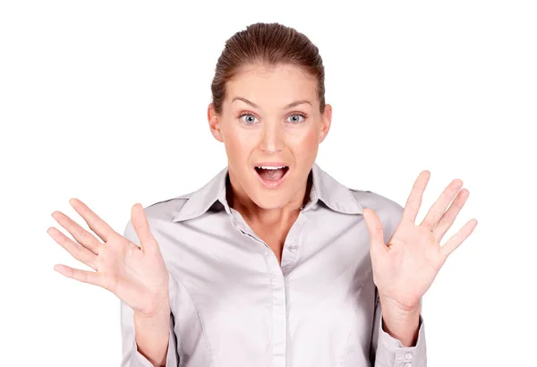 Studio Portrait Surprise Business Woman React Advertising News Sales Promo — Stock Photo, Image