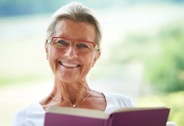 Senior Woman Home Book Portrait Reading Relax Living Room Smile — Stock Photo, Image