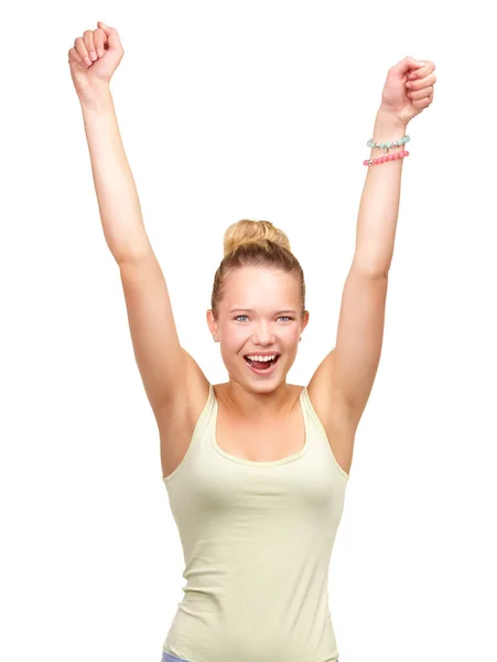 Girl Teen Celebrate Cheers Studio Happy Announcement Winning Achievement Female Stock Image