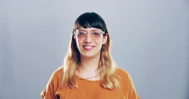 Portrait Happy Woman Glasses Wink Studio Opportunity Secret Deal Agreement — Stock Video