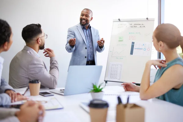 Business growth, training and black man with presentation in meeting for strategy for startup progress. Businessman, coach or teaching staff about planning, profit or economy analysis on whiteboard.